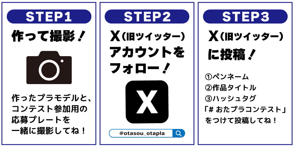 おたプラコンテスト応募方法。作って撮影・@otasou_otapla をフォロー・#おたプラコンテスト を付けて投稿